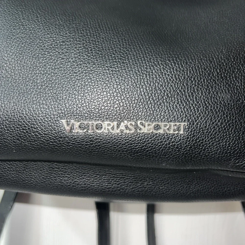 Victoria Secret Black Faux Leather Backpack Tote Bag Snap Close With Drawstring